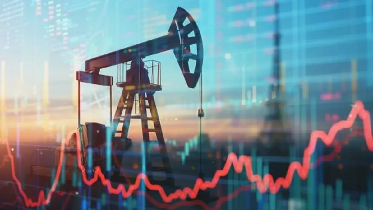 Gráfico de Wall Street con banderas de EE.UU., barriles de petróleo y el estrecho de Ormuz al fondo