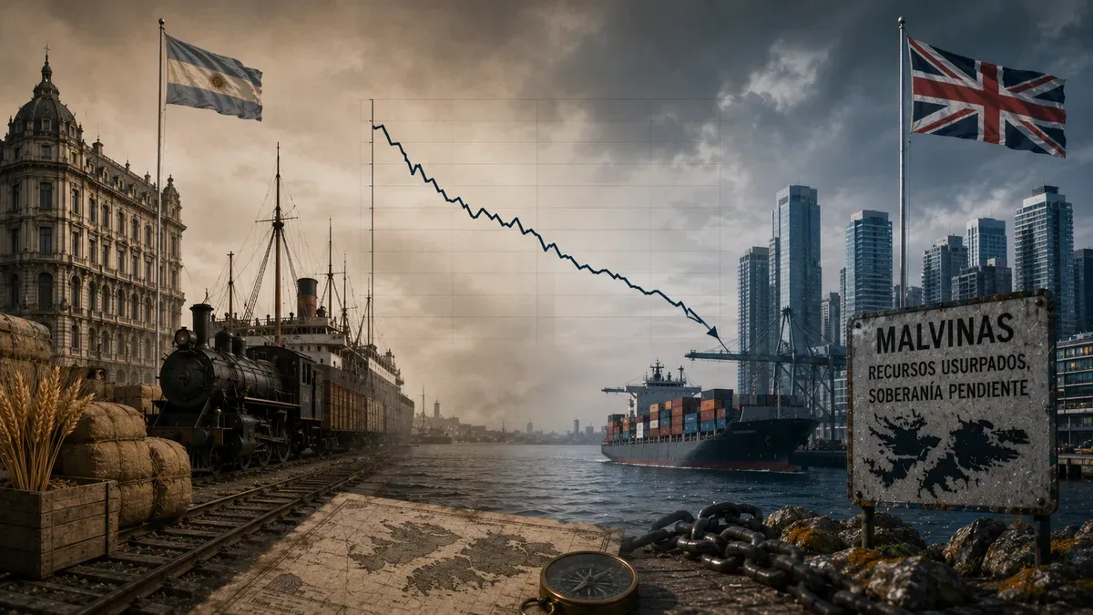 Barco de carga británico y bandera argentina en el puerto de Buenos Aires, imagen histórica y actual superpuesta