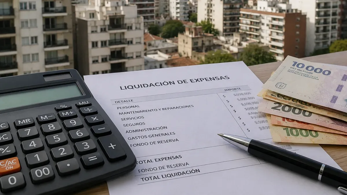 Edificio de departamentos en Buenos Aires con balcones y cartel de expensas en primer plano