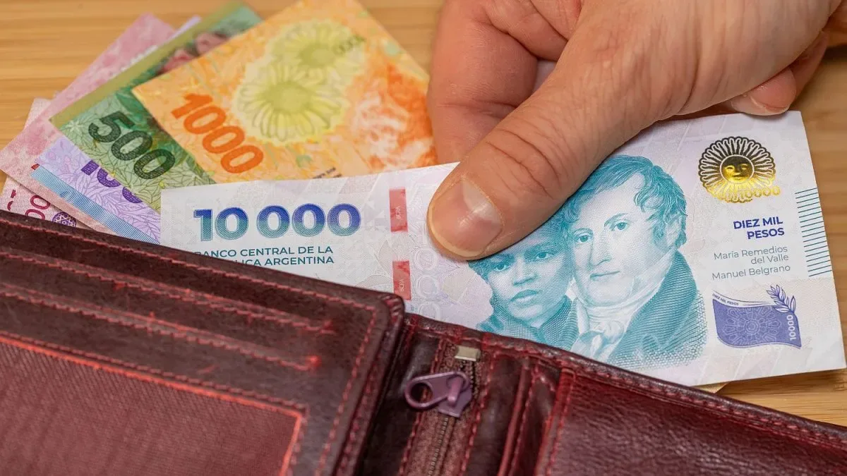Gráfico descendente de salarios reales en Argentina con monedas y billetes gastados