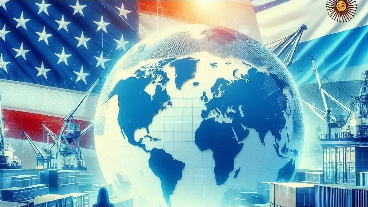 Contenedores de exportación en el puerto de Buenos Aires con bandera argentina y estadounidense
