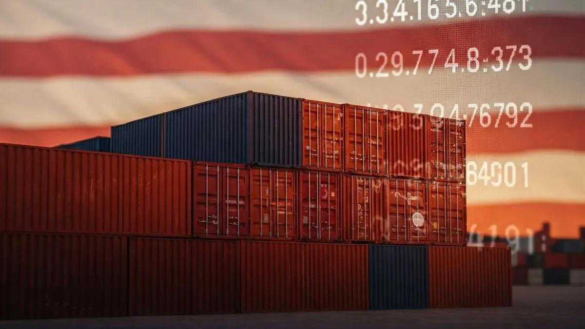 Gráfico de barras mostrando el aumento del déficit comercial de Estados Unidos con contenedores de carga al fondo