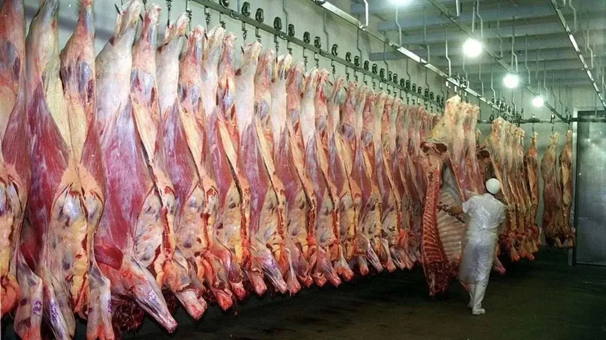 Cortes de carne vacuna argentina en un mercado de exportación con bandera de Estados Unidos al fondo