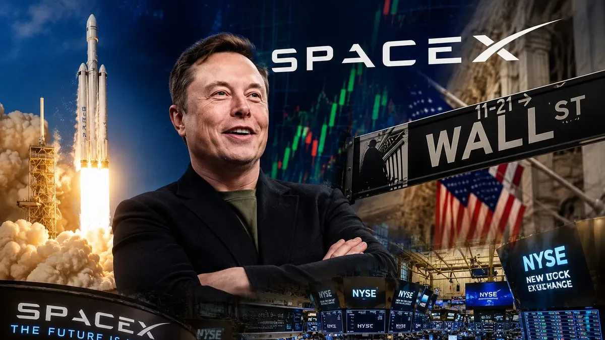 Gráfico de Wall Street con flechas rojas descendentes y logos de empresas de IA como SpaceX