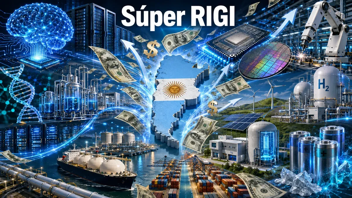 Ilustración de un edificio moderno con gráficos de inversión y banderas argentinas ondeando