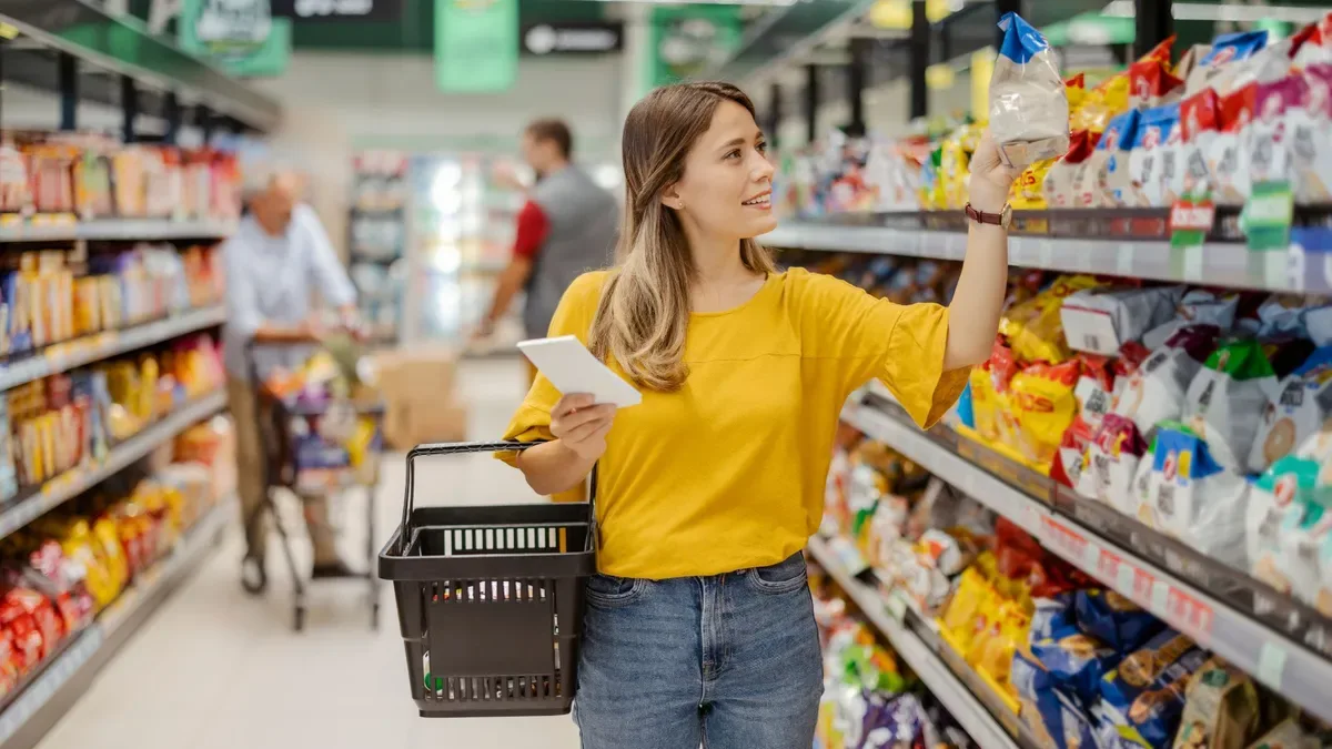 Carrito de supermercado lleno de productos con etiquetas de descuentos y ofertas