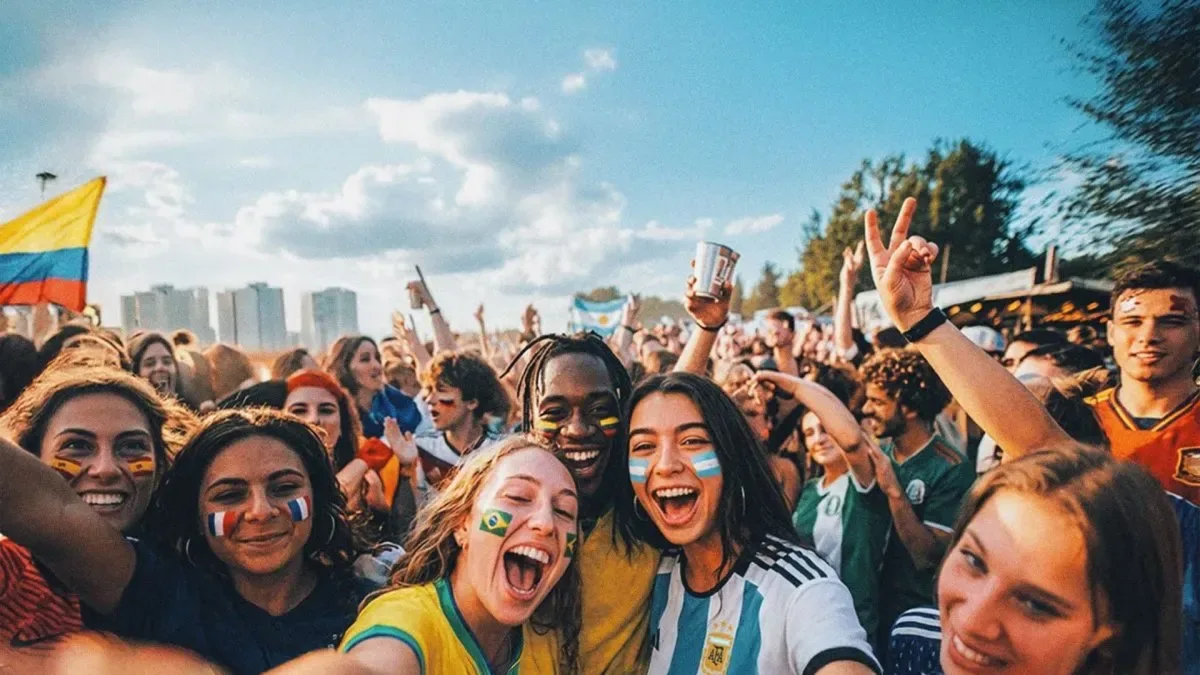 Multitud de fanáticos reunidos en un Fan Festival de la FIFA con pantalla gigante y escenario al aire libre