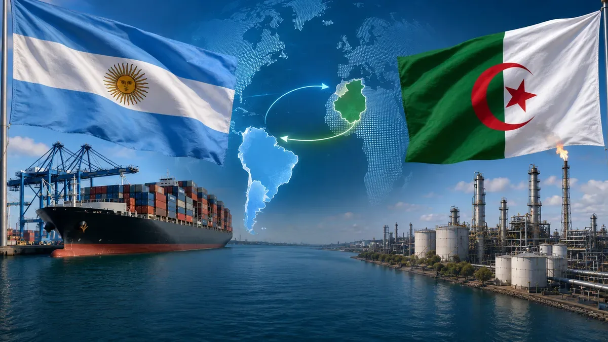 Bandera de Argelia y bandera argentina ondeando juntas con mapa de África de fondo