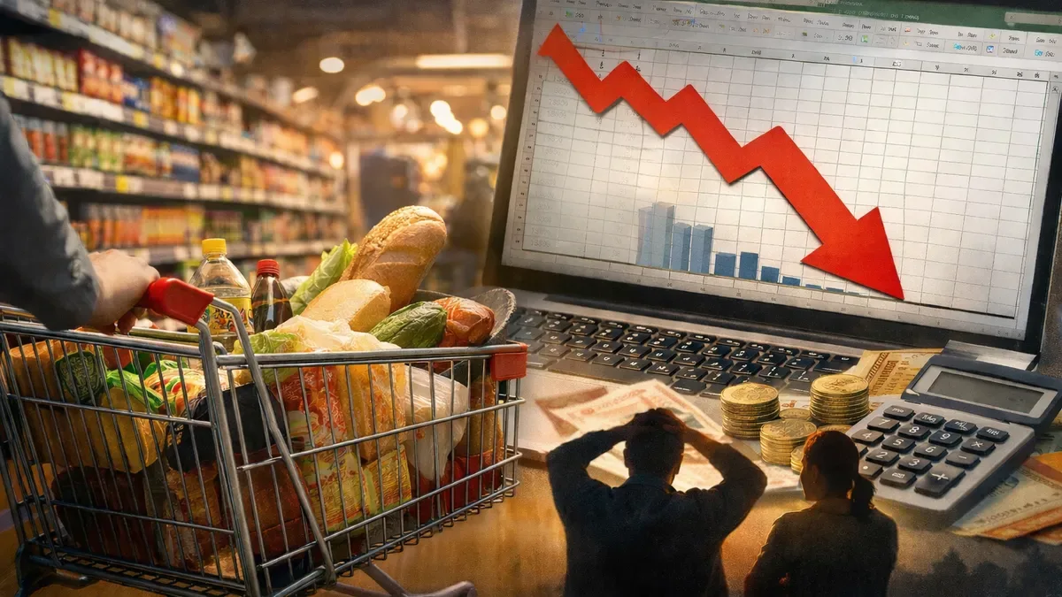 Gráfico descendente de inflación mensual con datos de consultoras y el IPC en fondo azul y blanco
