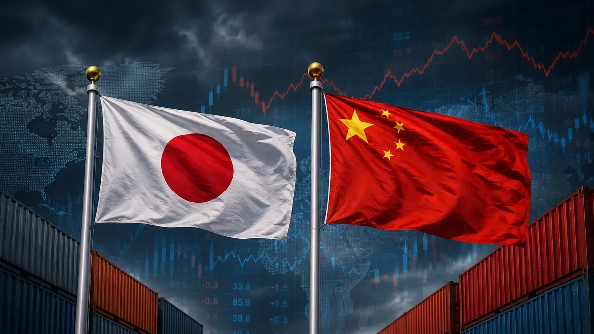 Bandera de China y bandera de Japón enfrentadas en un mapa de Asia con símbolos de comercio y barreras