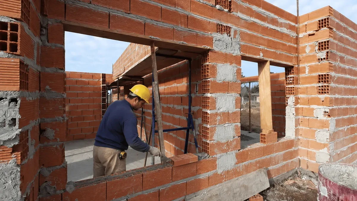 Trabajador con casco de seguridad en obra en construcción, mirando documentos legales
