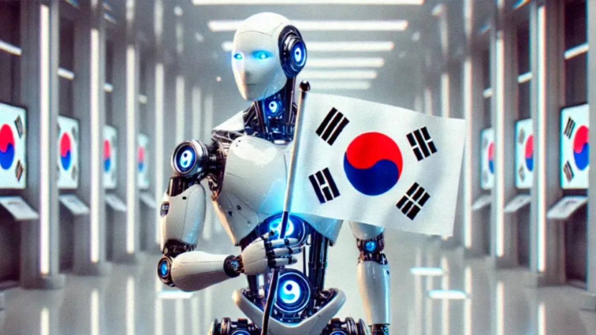 Mapa de Corea del Sur con iconos de chips, centros de datos y redes de IA iluminadas