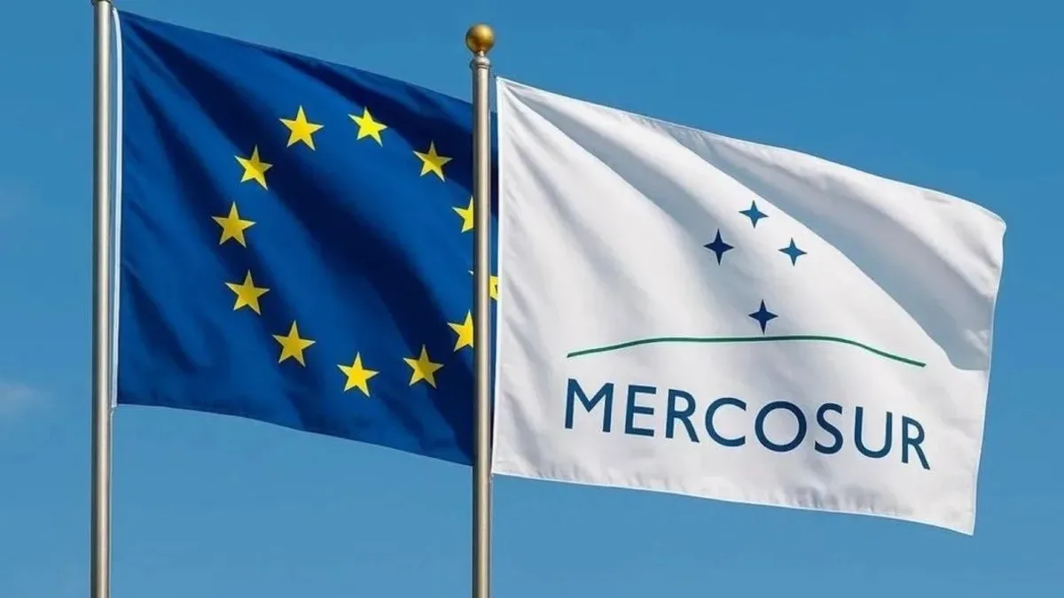Bandera de la Unión Europea y bandera argentina entrelazadas sobre mesa de negociaciones diplomáticas