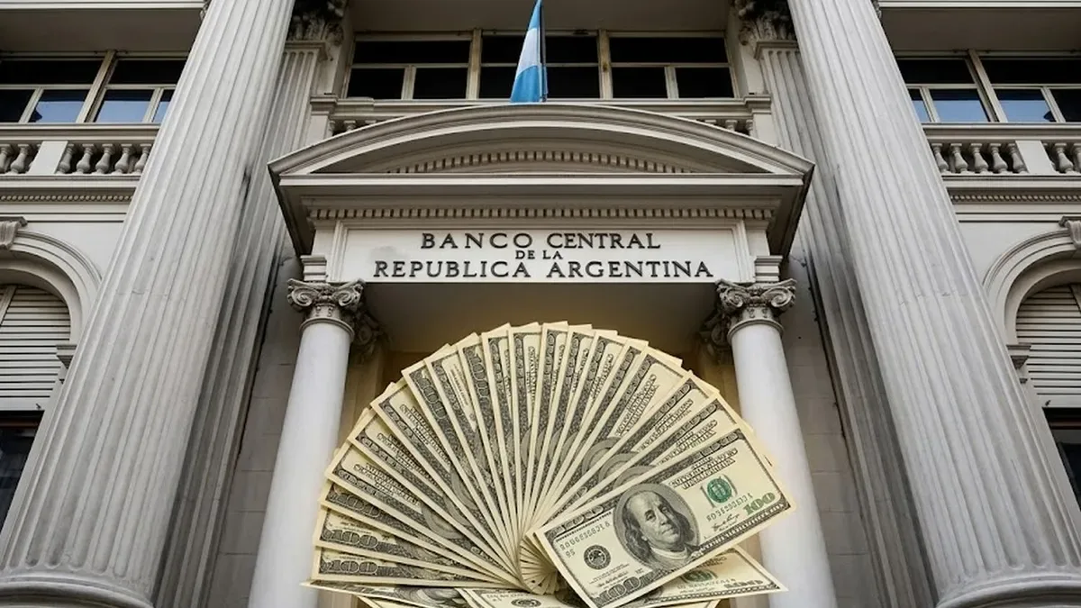 Edificio del Banco Central de la República Argentina con logo visible y gráficos de dólar en pantalla