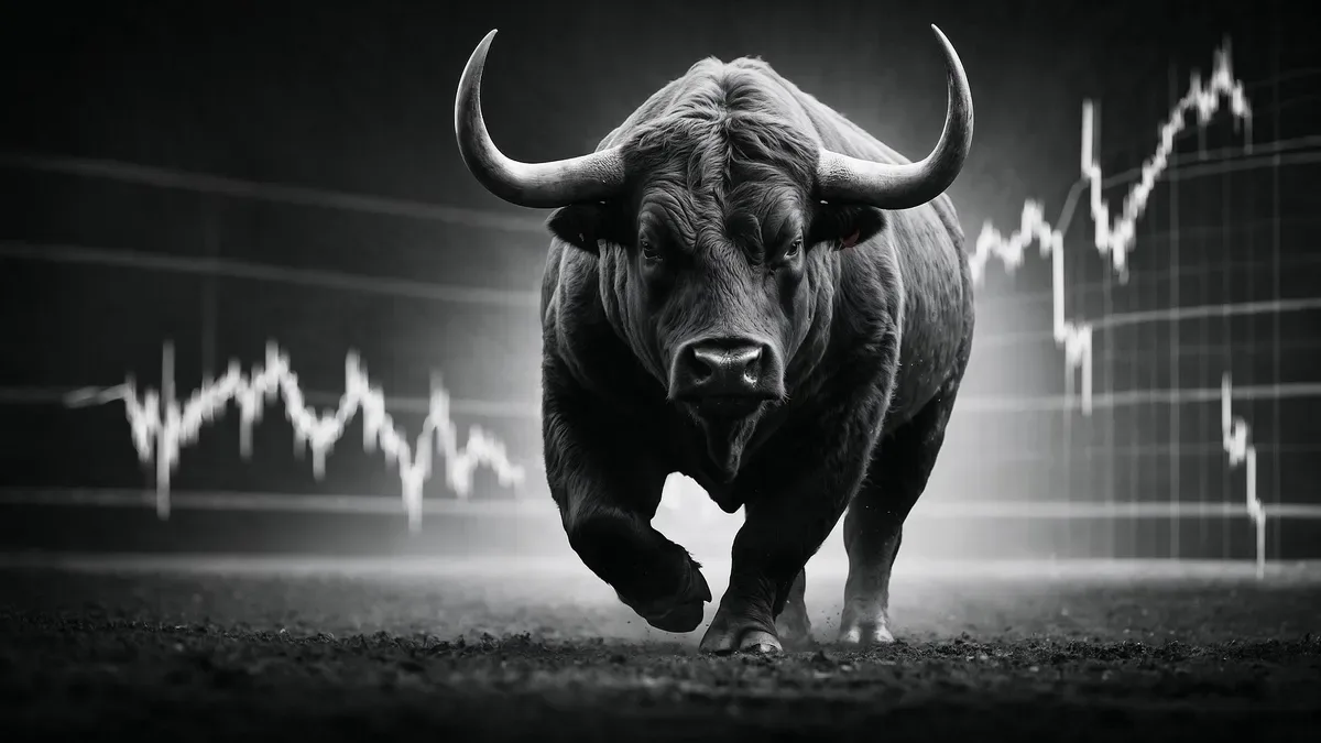 Toro dorado de Wall Street con gráficos alcistas de bolsa al fondo