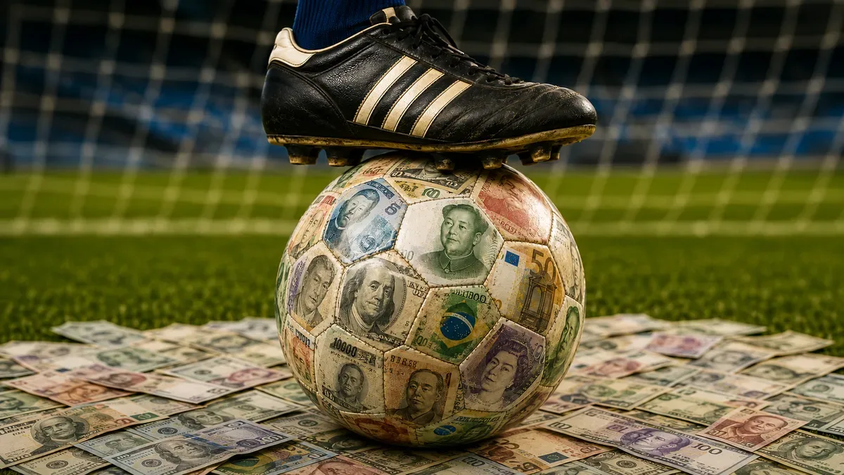 Gráfico con banderas de selecciones y curvas de datos económicos superpuestas sobre un estadio de fútbol