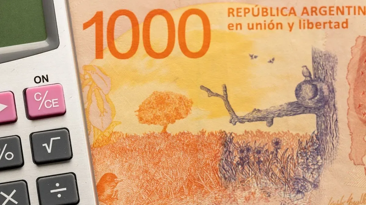 Gráfico descendente de recaudación impositiva con mapa de Argentina y billetes