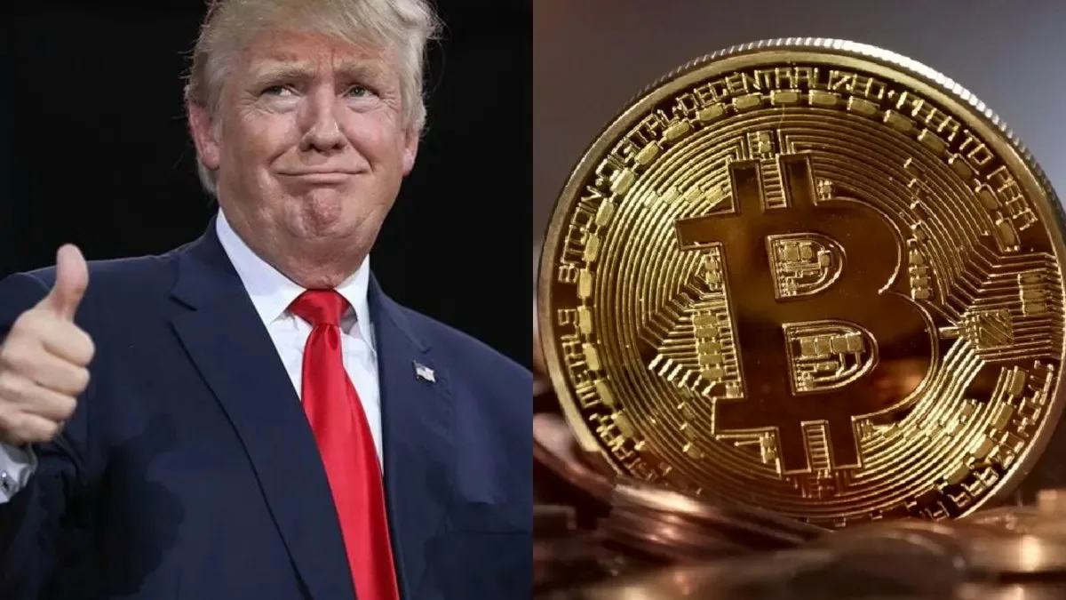 Donald Trump sosteniendo un teléfono con gráficos de criptomonedas en la pantalla