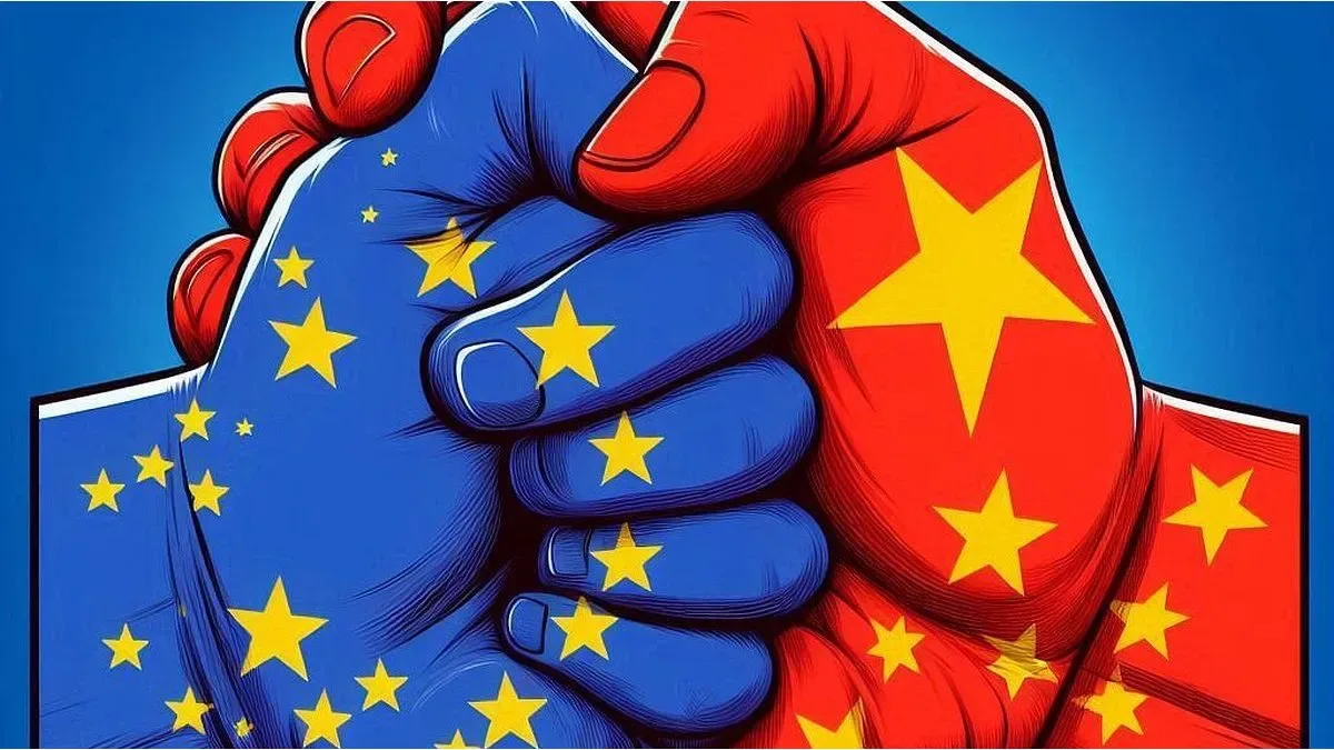 Bandera de China y bandera de la Unión Europea ondeando juntas en una cumbre diplomática