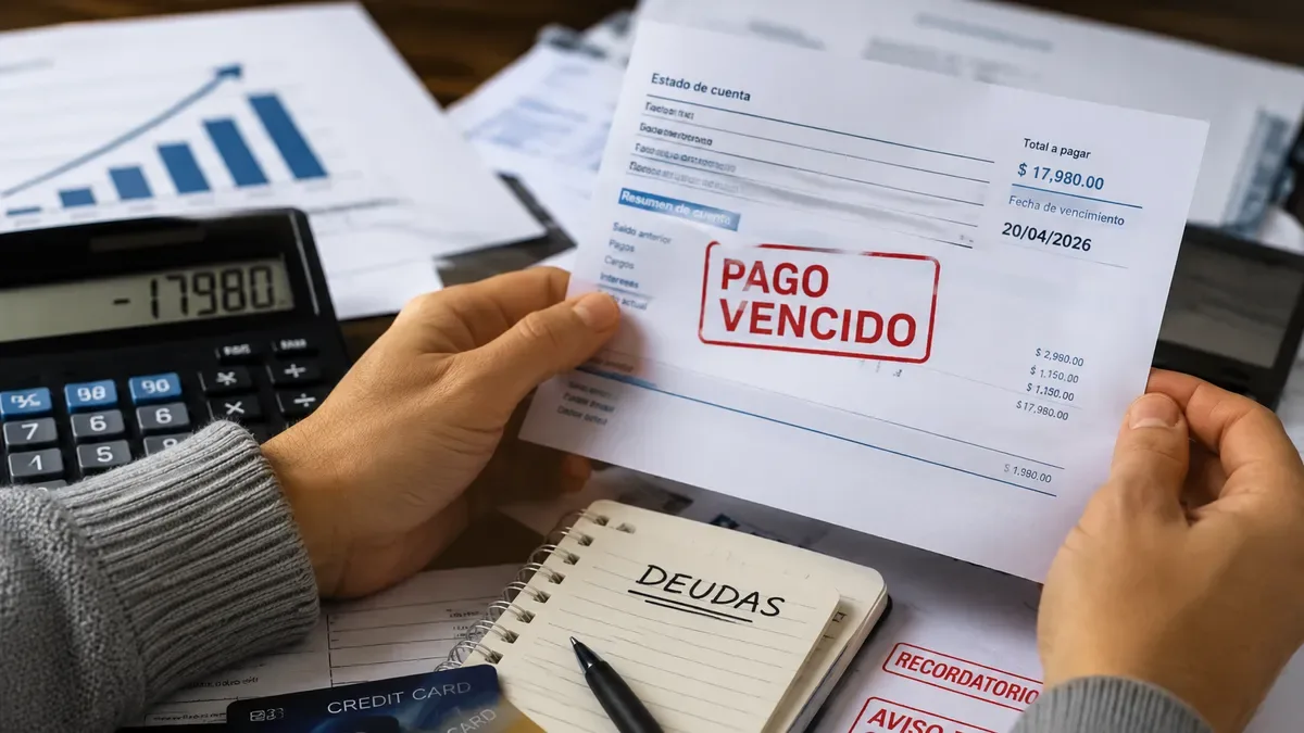 Gráfico de evolución de morosidad bancaria con flechas ascendentes sobre fondo de billetes y monedas argentinas