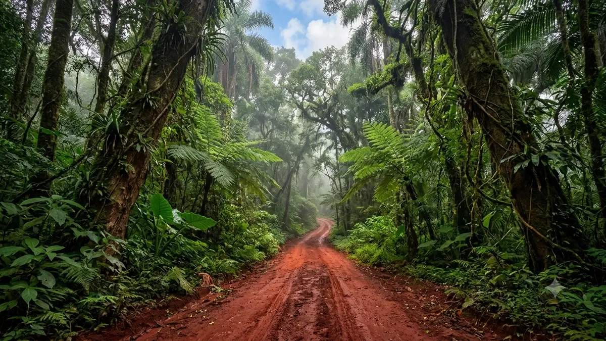 Camino de tierra colorada internándose en la selva subtropical
