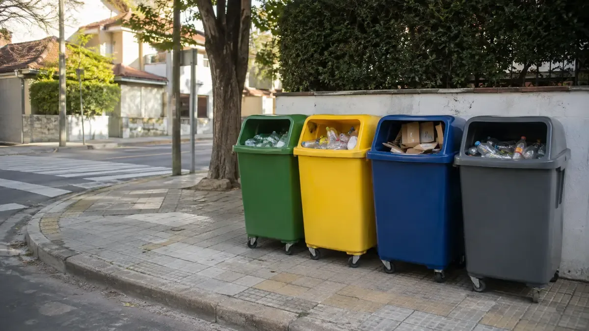 Contenedores de reciclaje diferenciado en una esquina de barrio.