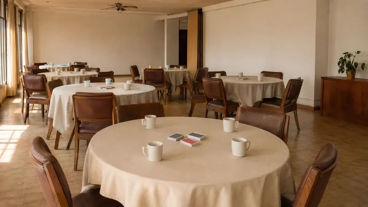 Salón de un centro de jubilados con mesas y sillas ordenadas.