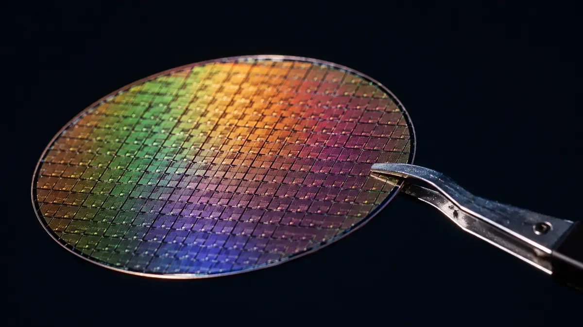Oblea circular de silicio con grilla de chips y reflejos iridiscentes