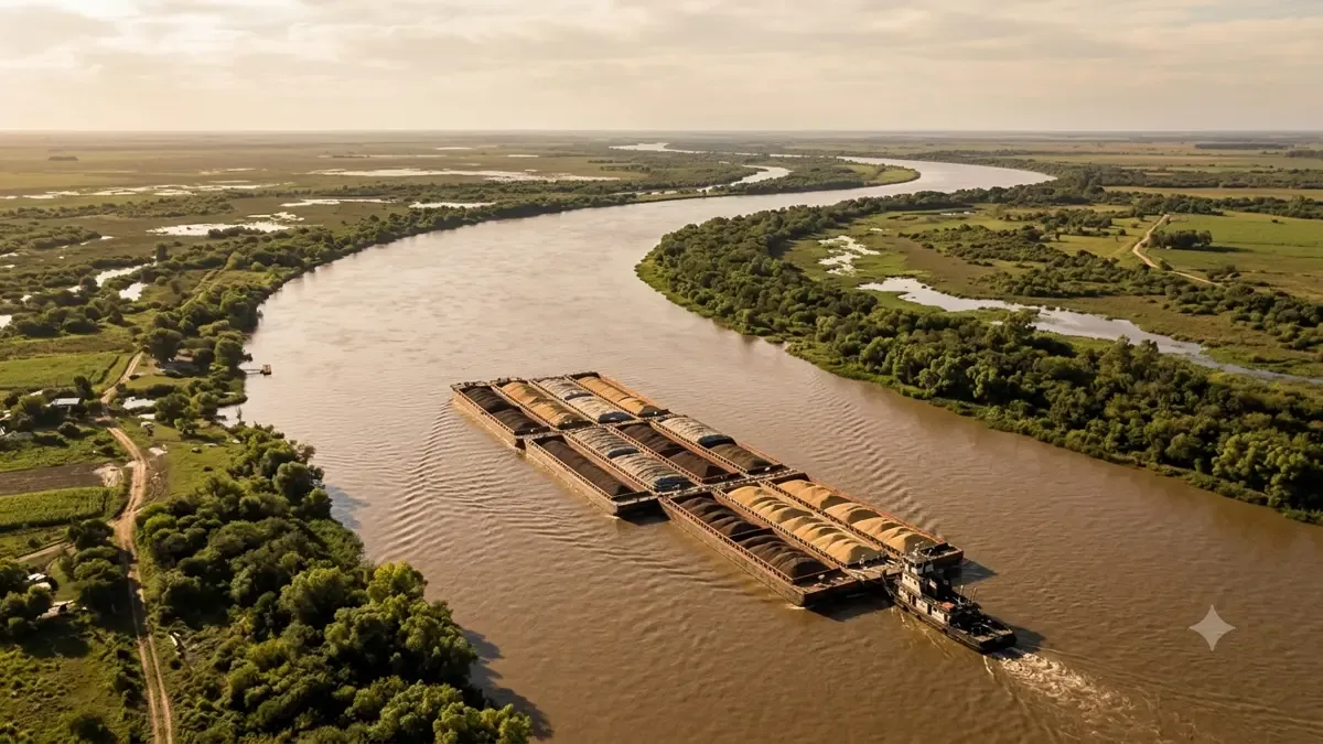Convoy de barcazas cargadas navegando por un río ancho